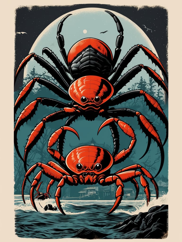 1950's b-movie horror halloween t-shirt print design featuring a giant crab and black widow spider