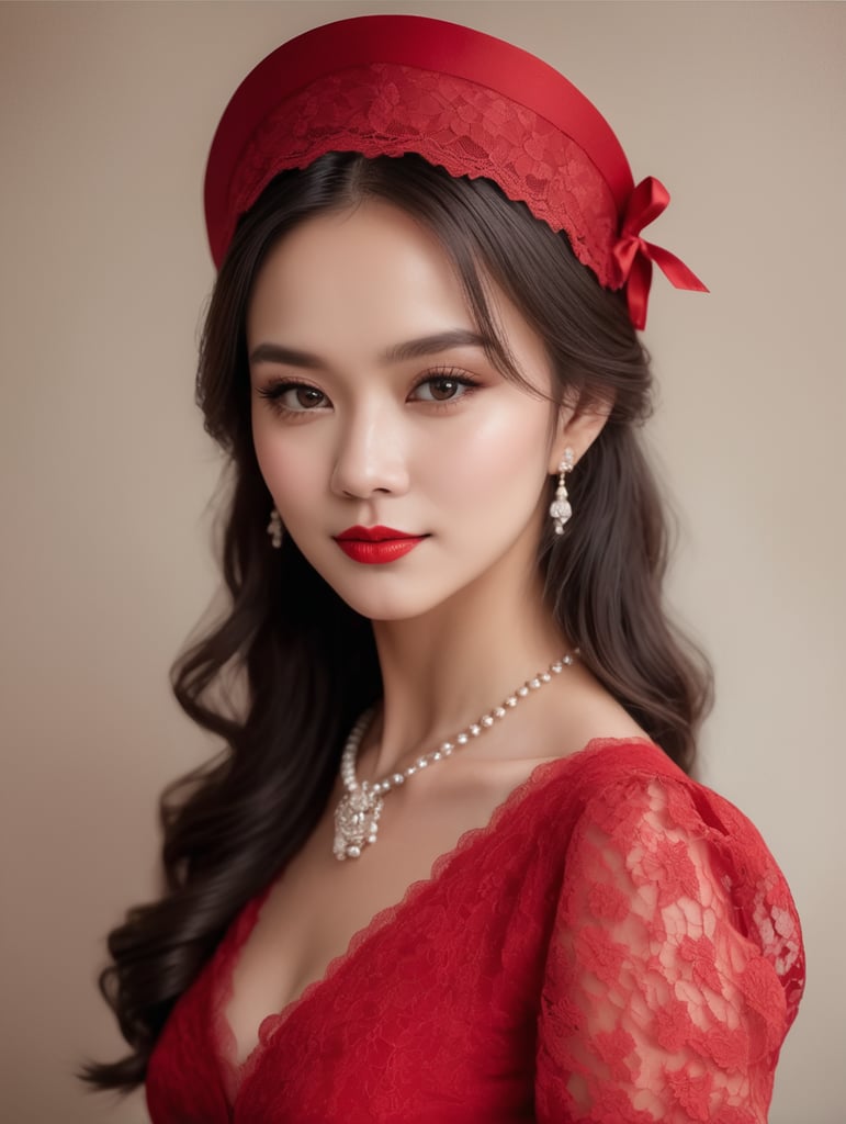 beautiful lady in red dress lace uju dress red small hat ribbon portrait