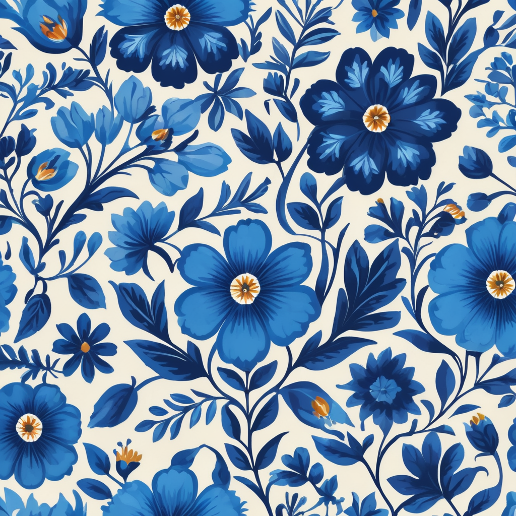 Seamless pattern beautiful floral pattern with blue flowers in the background, in the style of polish folklore motifs, juliana nan, mexican folklore - inspired, tivadar csontváry kosztka, clara peeters, texture exploration, blue color scheme, blue pallete, amoled, 264k render HD