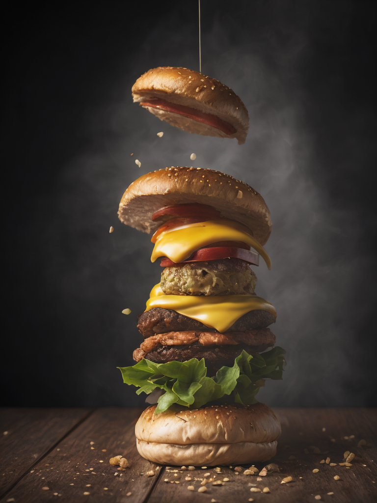 a hamburger falling into the air with a lot of ingredients on top of it, a hamburger being tossed in the air, photorealism, Artur Grottger, professional food photography