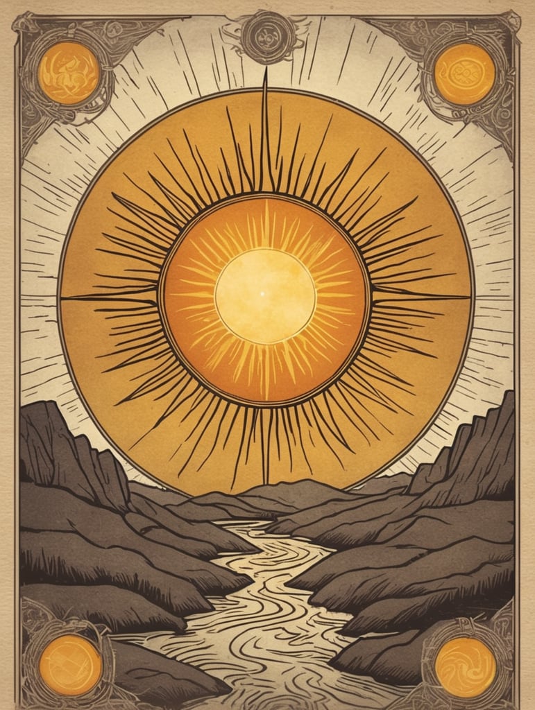 Tarot card , “the Sun”, rustic, fantasy, traditional tarot layout