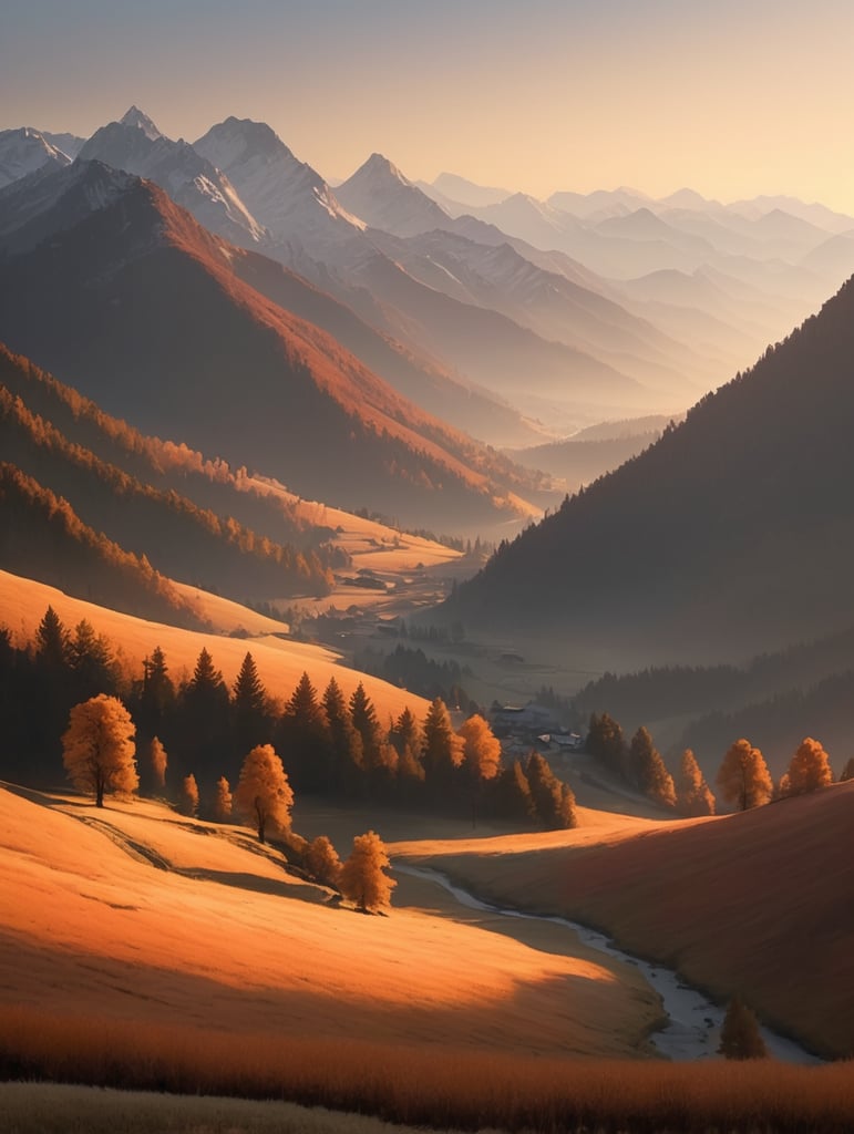 A serene mountain landscape bathed in the warm hues of a sunrise, casting long shadows over the tranquil valley below.