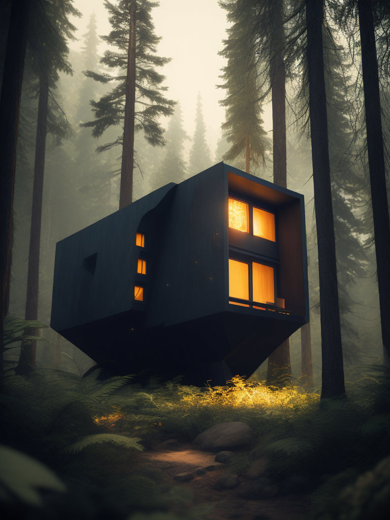 A photo of futuristic module one bedroom cubical house, deep atmosphere, in the forest, wilderness, wild nature