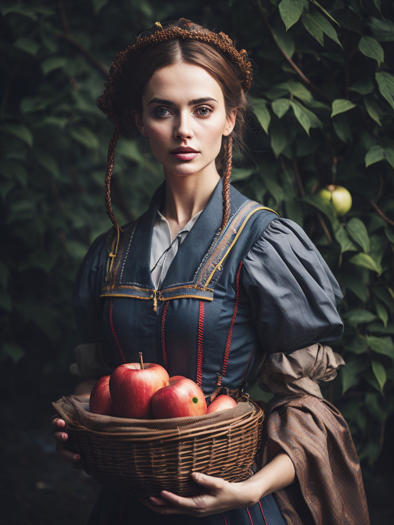 Portrait of a Beautiful women from Russian fairy tale wearing traditional costume holds wicker basket with apple