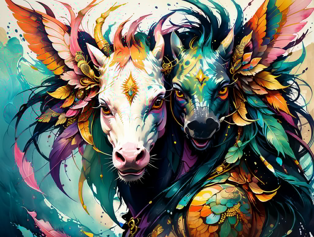 mandala painting with 8 divisions, horse, bull, stork, flamingo, ciccada, dragon fly, frog, turtle, in the style of Chronophotography, vibrant colors, gold