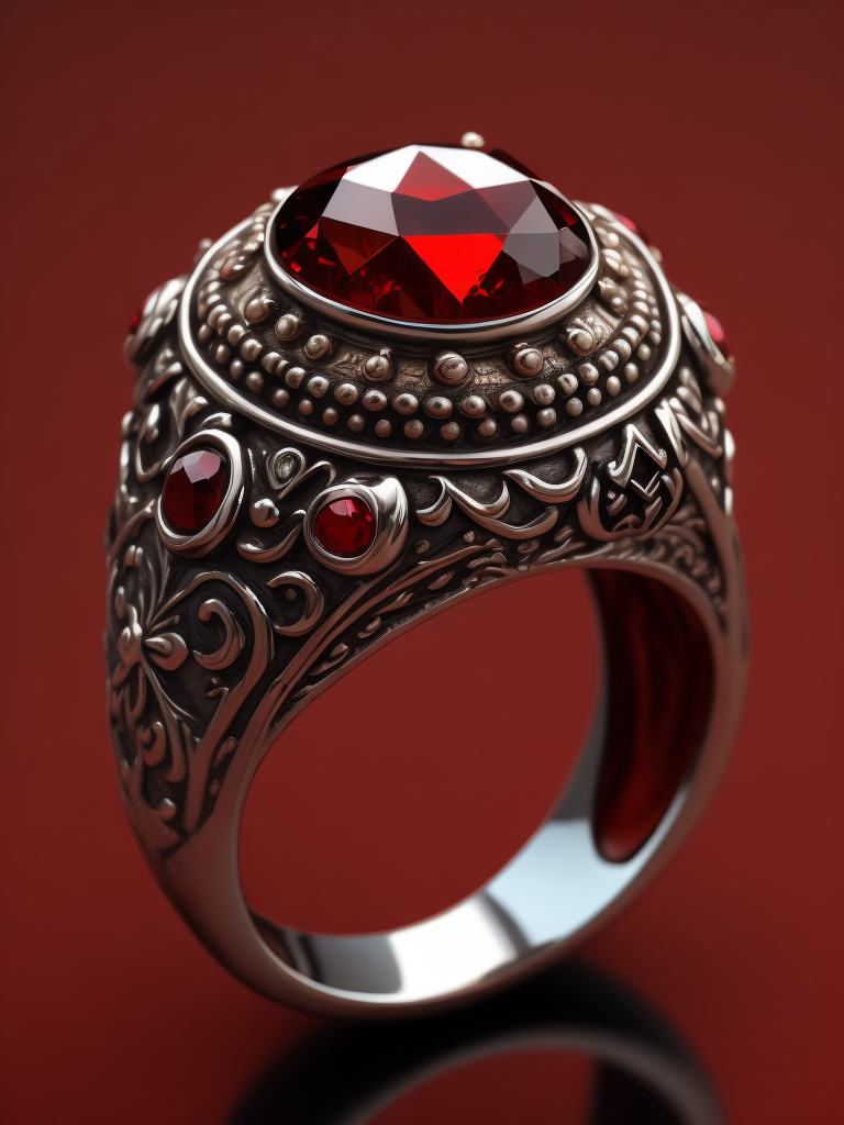 Royal silver ring with ruby, fantasy style, bright red background, rich colors, contrasting light, deep colors, high details
