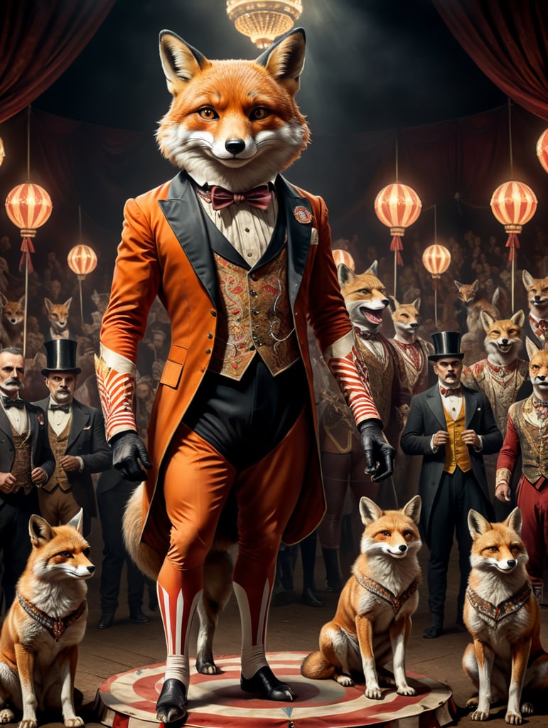 Vintage style circus sideshow poster of a full body anthropomorphic fox