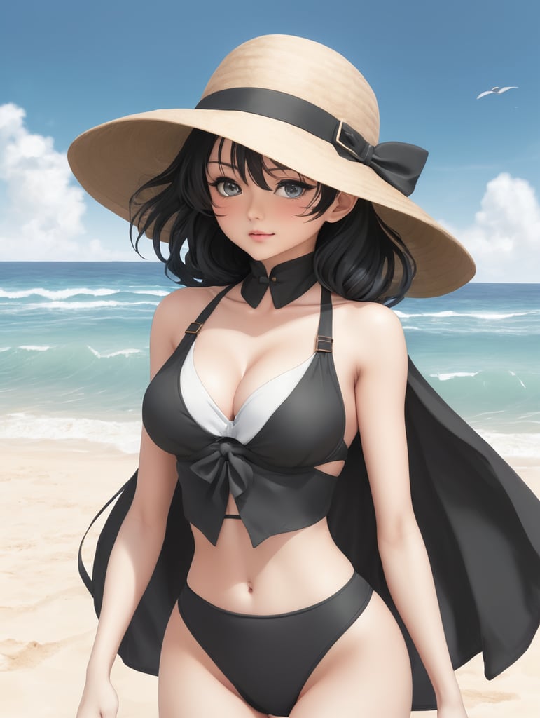Detective Conan art style, ram, female, anime, wind blows, black hat, holding the hat, beach, swim suit