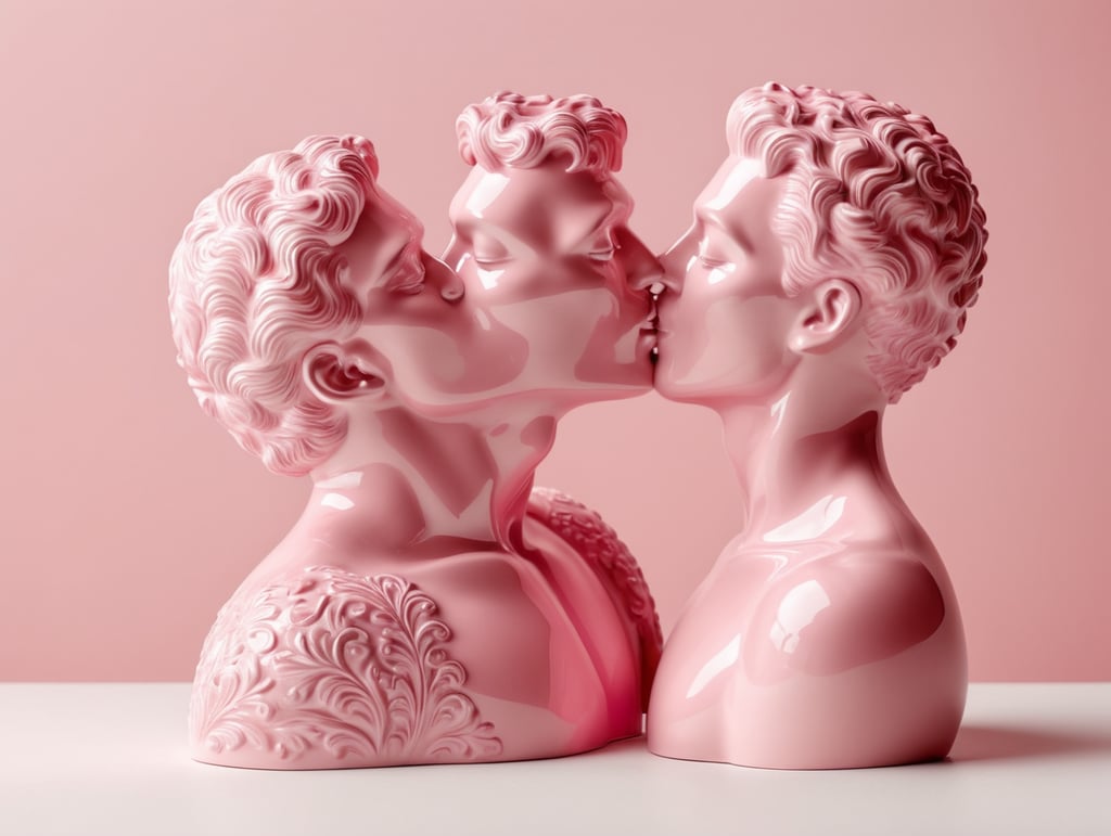 Kiss Art: Two pink glazed ceramic single color figures kissing each other, isolated, pink background