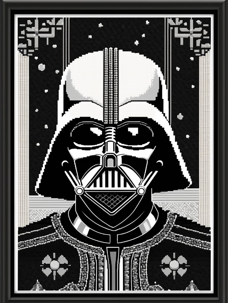cross stitch pattern with Darth Vader in the style of fujifilm natura 1600, white and black, expressive comic panels, made of beads and yarn, craftcore, skillful, free brushwork