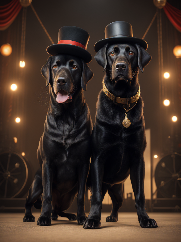 Two black labrador dogs in a circus. One dog is the ringmaster and is wearing a top hat. The other dog is being fired out of a cannon. There are lions in the background.