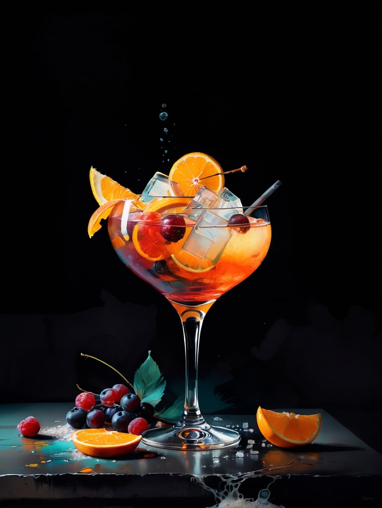 gin cocktail with dried slices of fruit, salt on rim, studio lighting