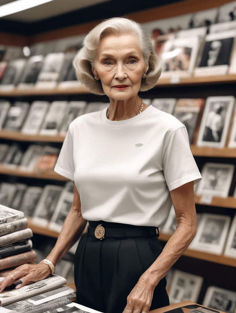 Extremely detailed photographic image, grained image, beautifully composed, monochrome image, 50's fashionable image, fashionable magazine photography, leica summicron 35mm f2.0, kodak 400tx, fashion photography, fashionable model, william s. burroughs, old woman wearing blank white T-Shirt in Clothing Store Mockup, mock up