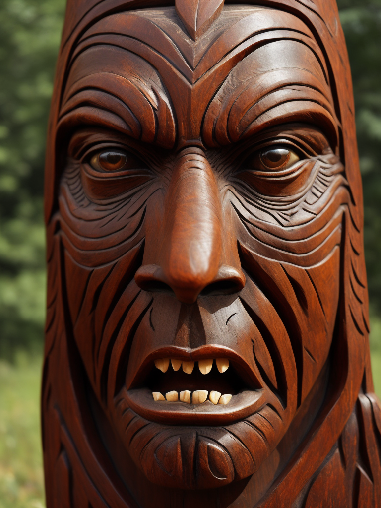 a redskin American totem carved from the dark wood, detailed, deep carving, handcrafted