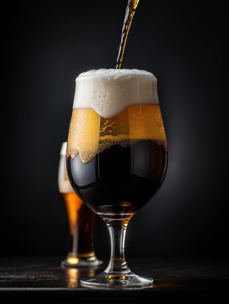 professional photo of a black beer glass, Beer foam coming out of a glass, isolated, black background
