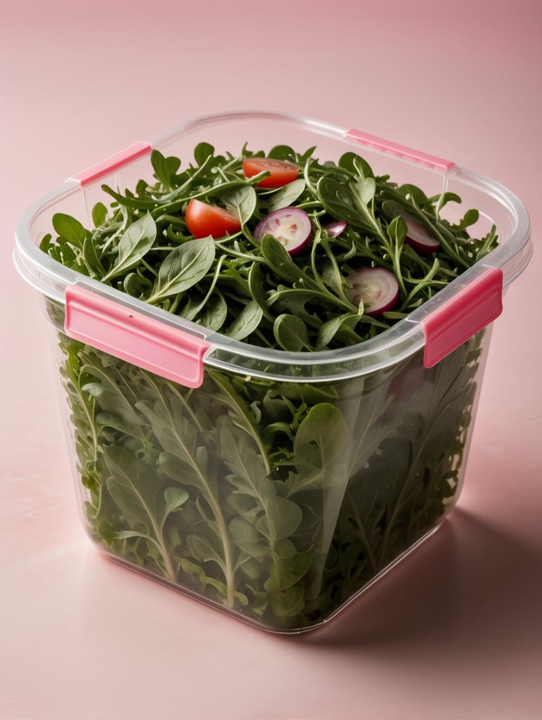 blank Transparent Plastic Container with Arugula Salad, isolated, pink background, Mockup, mock up