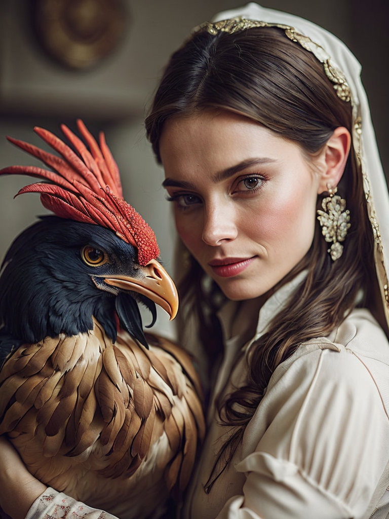 Portrait of a Beautiful women from Russian fairytale wearing traditional costume hugging a Rooster