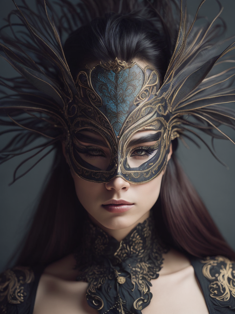 Centered detailed portrait of a masked woman wearing a venetian mask, vibrant peacock feathers, intricate, elegant, highly detailed, digital painting, artstation, smooth, sharp focus, illustration, illuminated lines, outrun, vaporware, intricate venetian patterns, cyberpunk darksynth, by audrey kawasaki and ilya kuvshinov and alphonse mucha