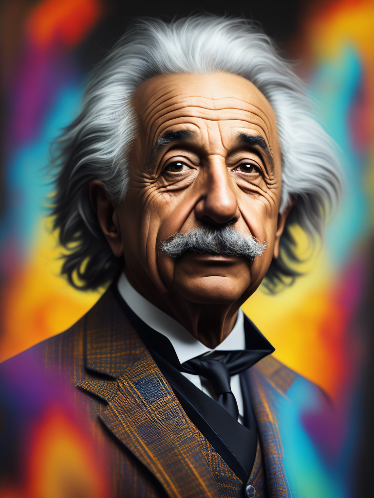 Portrait of Albert Einstein, bright and saturated colors, elegant, highly detailed, vogue, science magazine, sharp focus, dramatic lighting, depth of field, incredibly high detailed, formula of relativity on blurred background