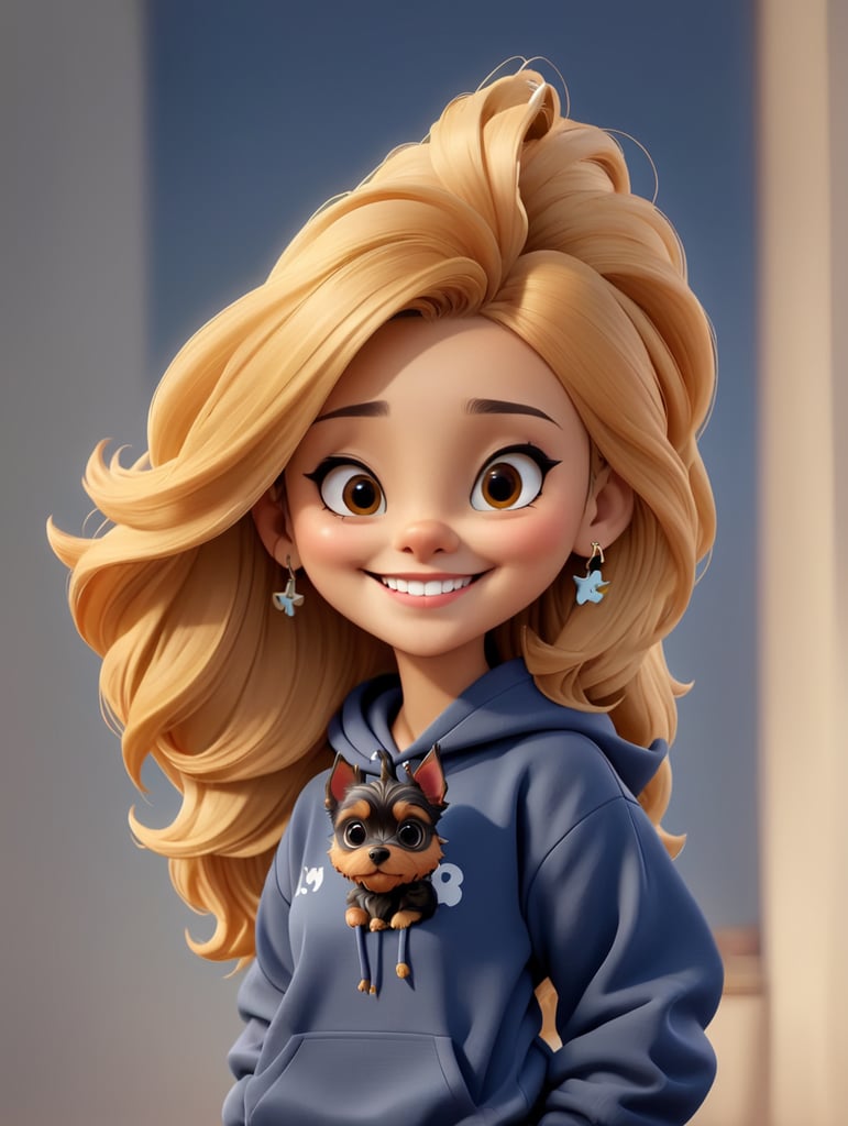 young girl designer ash hair piercing nose piercing oversize minimal dark hoodie with yorshire terrier smiles full-length