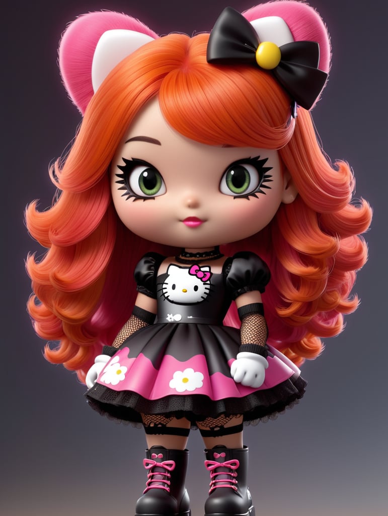 3d hello kitty with half black half ginger hair with fringe, emo makeup with fake eyelashes, black dress, fishnets and heavy boots