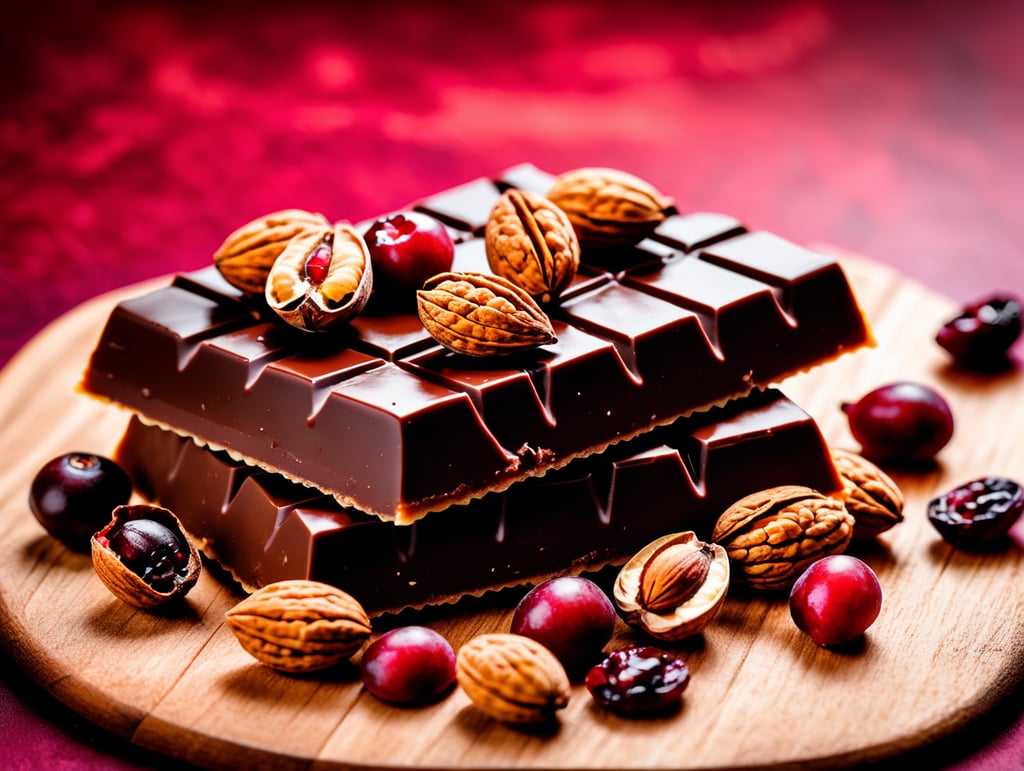 delicious Dark Chocolate bar filled with walnuts and dried cranberries bright colors almond goodness food photography gourmet dessert chocolate indulgence delicious treats red simple flat background tempting dessert food art