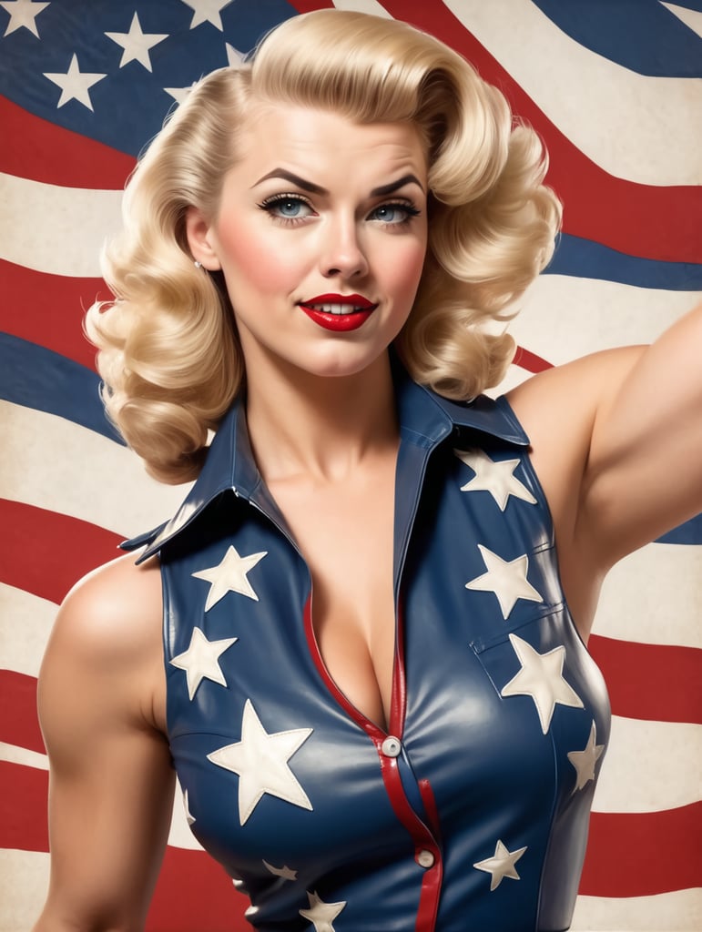 Modernized 1940's pinup girl, blonde hair, red white and blue sleeveless leather shirt with stars, flexing arm powerfully, mad expression on face