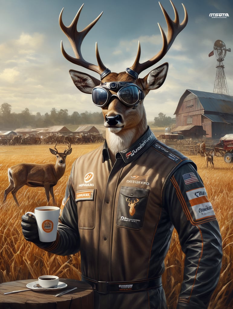 Draw a deer standing upright in a farm field. The deer is wearing an auto racing formula uniform, and the deer is wearing racing goggles and deer drink coffee in cup