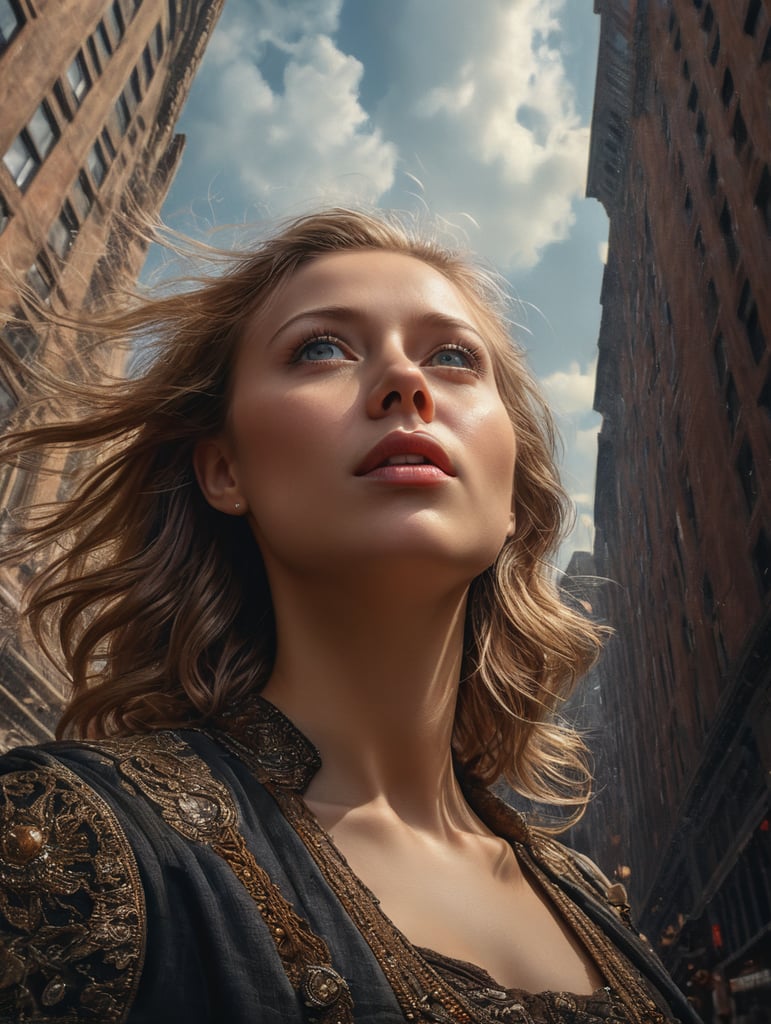 Closeup portrait photo of a young dutch woman, looking up at the sky, in downtown new york city