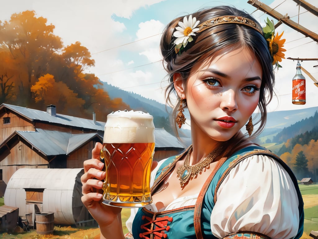 anglo saxon woman on Cute Poster Art for Oktober Fest in the German countryside, girl dressed in traditional tracht and drinking beer, new exciting angle