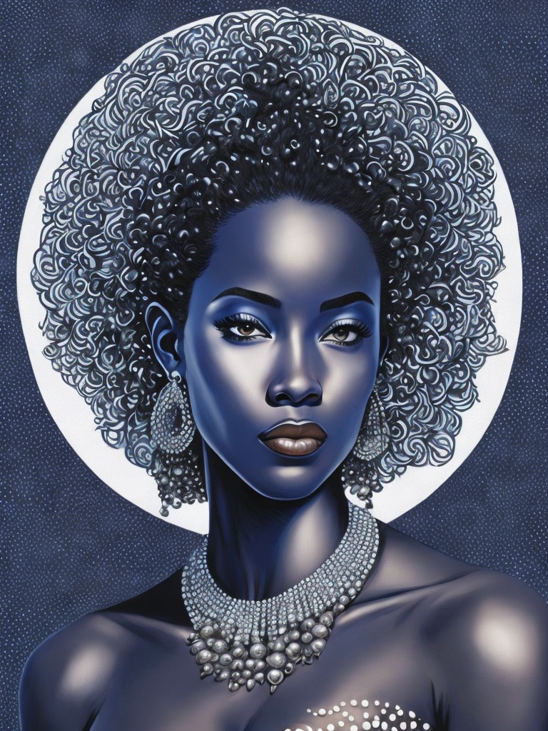 a ed woman in blue and silver looks like she has some white on, in the style of nene thomas, enoch bolles, dark silver and brown, pointillist optical illusions, african influence, hyper-realistic water,