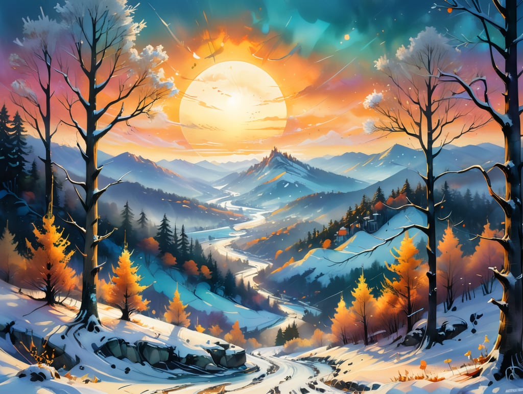 A breathtaking winter landscape with a snow-covered forest and distant rolling hills under a golden sunset, vibrant ornaments hanging delicately from snowy tree branches in the foreground, gentle bokeh lights sparkling in the background, creating a serene yet festive atmosphere. Intricate details in the frosted trees, shimmering snow reflecting soft light, and a tranquil winter wonderland ambiance with a warm holiday spirit. Ultra-high resolution, deep focus, captivating and vivid, inviting seasonal cheerfulness and peace.