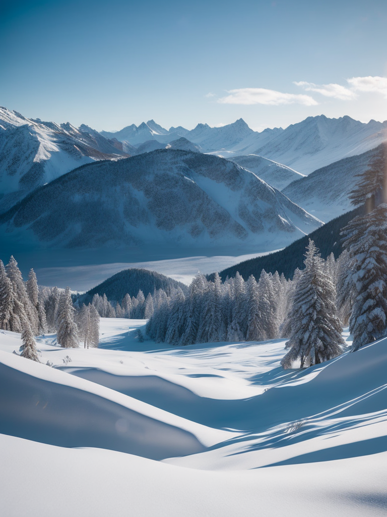 Breathtaking view of a snowy mountain range, with crisp clear air and a brilliant blue sky, serene, peaceful, majestic, high detail, winter landscape