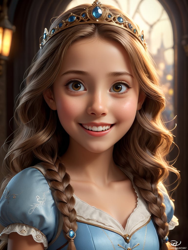 an adventurous princess-like girl, creative and kind-hearted person, with long straight light brown hair, big eyes, small nose and a smiling mouth, centered in 3D style, rendered using beautiful Disney animation, Pixar style, Disney style, 3D style
