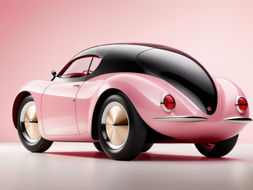 Summer light, design Charlotte Perriand, design philippe starck, art by jacques tati, a concept car futuristic 50'sshinny pink and deep red glossy Shiny, sporty, dynamic lines, chic streamlined bodywork with elegant curves, ceramic, gold posed on a wood socle, in a front of minimalist pasl plain background