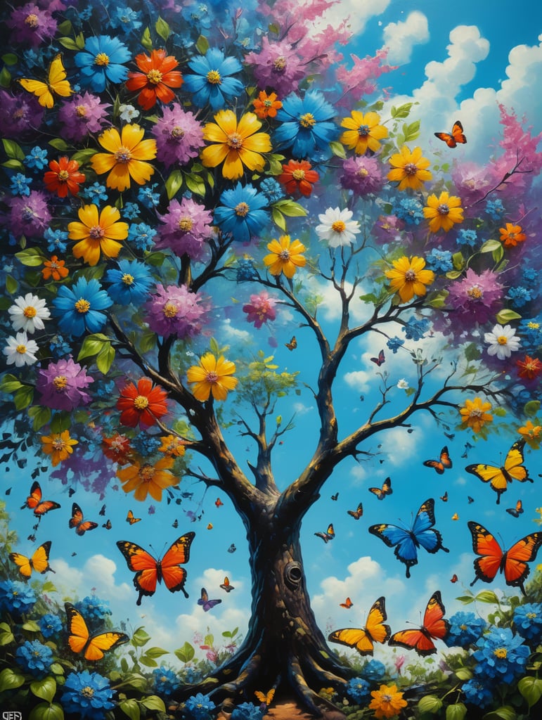 pintura de uma árvore com flores coloridas e borboletas no céu, flores e borboletas, flores e árvores psicodélicas, pintura impasto, arte bonita, floresta com flores azuis, arte de tirar o fôlego, árvores detalhadas em flor, pintura com faca de paleta, Harmonia da borboleta, inspirado em Tomokazu Matsuyama, A Árvore da Vida, árvores e flores, arte caprichosa, flores e árvores