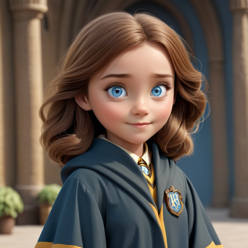 a girl with blue eyes, brown straight hair dressed in hufflepuff hogwarts robes