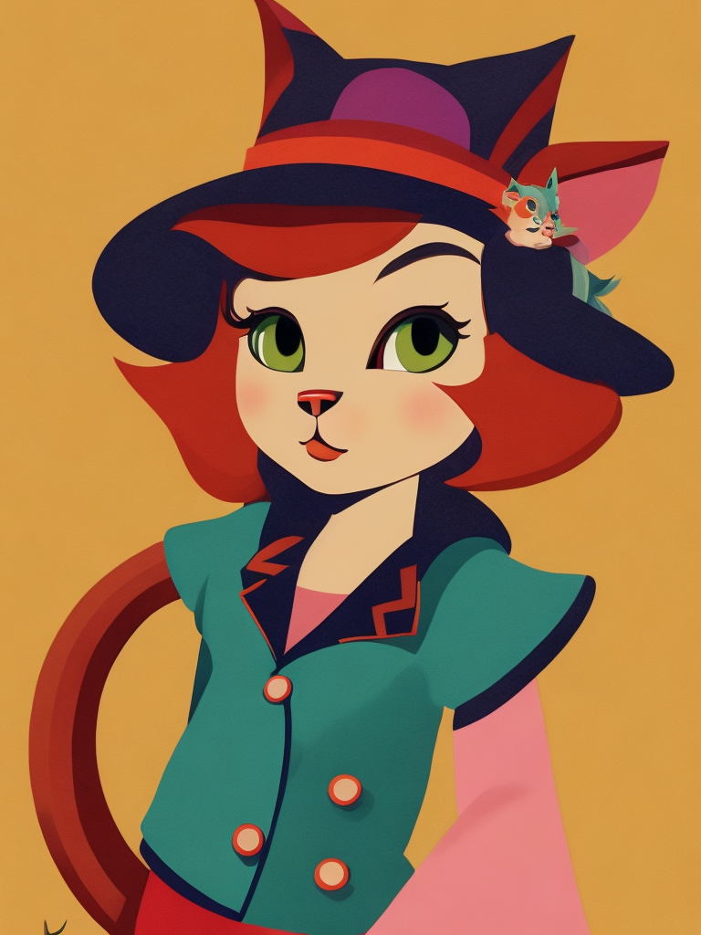 a young pink cat, wearing a hat, Illustration, Disney, USA, style of Mary Blair