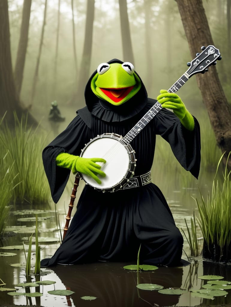Kermit the frog dressed as a Sith Lord playing the banjo in a swamp