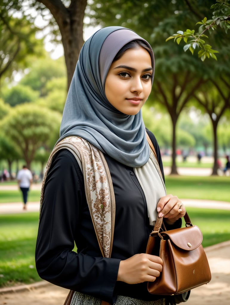 Девушка в хиджабу с сумкай на руке в парке