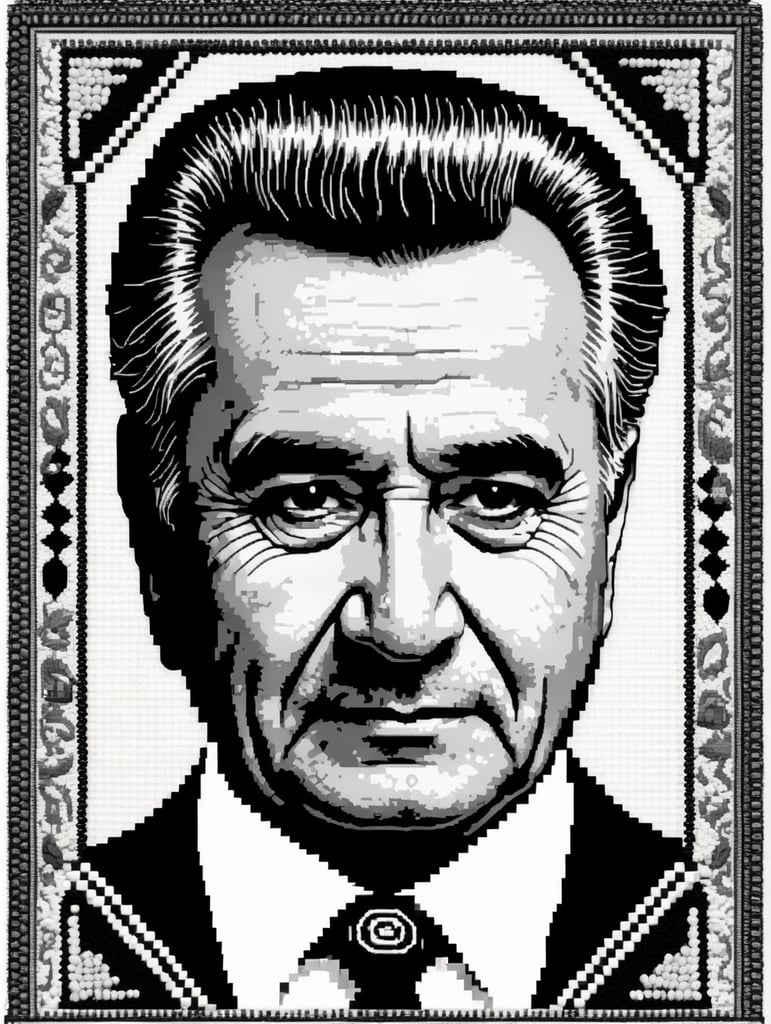 cross stitch pattern with nicolae ceausescu in the style of fujifilm natura 1600, white and black, expressive comic panels, made of beads and yarn, craftcore, skillful, free brushwork