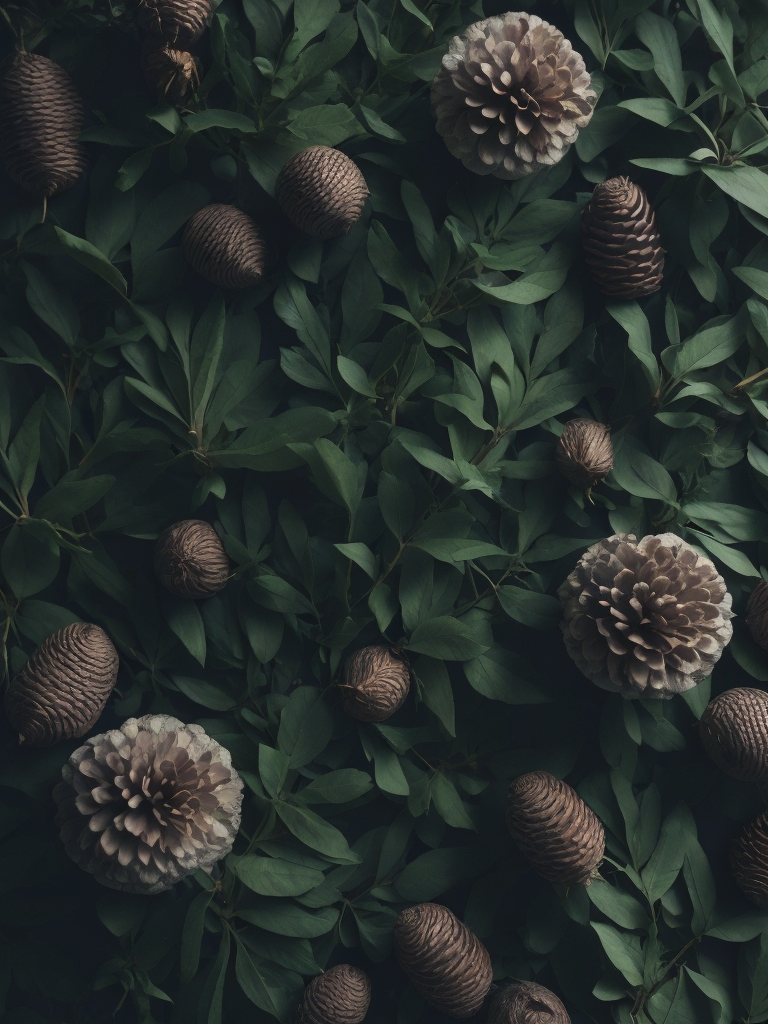 pine cones and pine trees on a bed of green leaves, in the style of video installation, flower patterns, wood sculptor, warmcore, intricate floral arrangements, duckcore, hypnotic symmetry