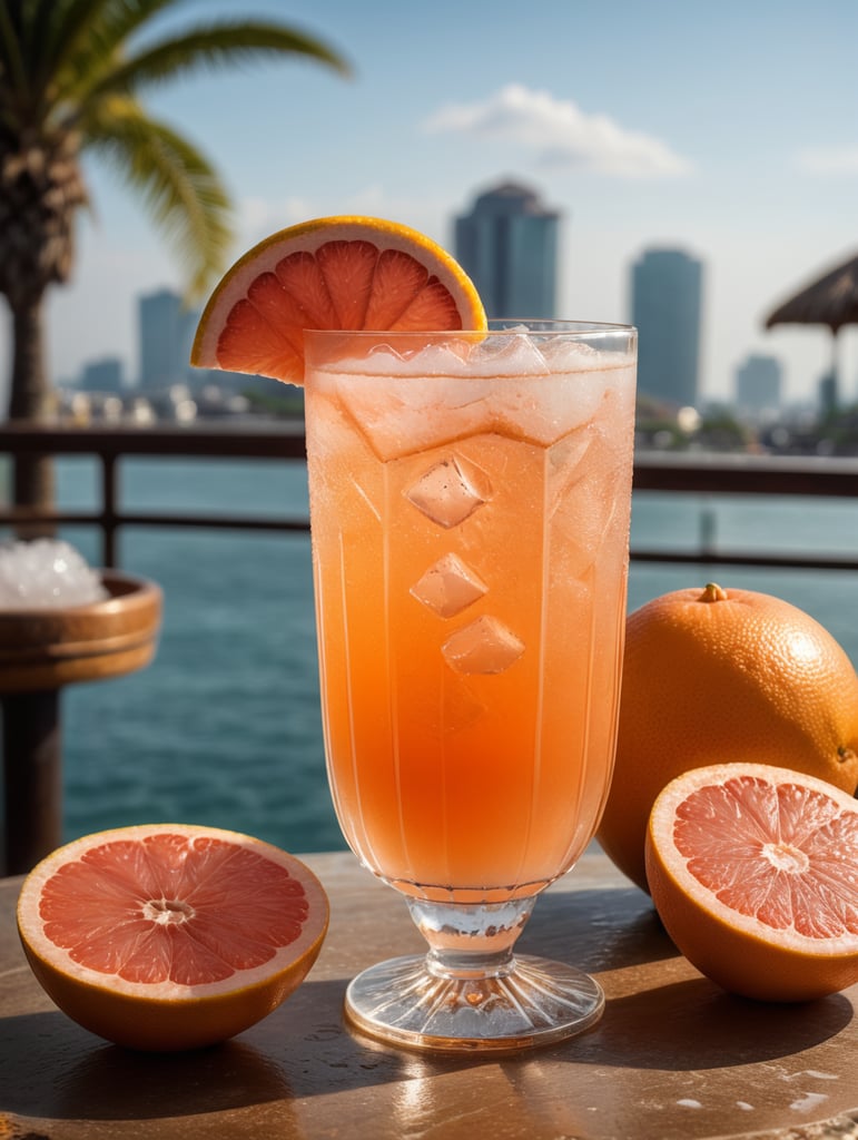 Grapefruit juice cocktail, with ice cubes in the glass and a salt rim, amazing photo, very realistic, elegant and tasty, photography, condensation, f2.8, 50mm lens, intricately detailed, 8k, cinematic production, highly detailed, highly realistic, sunny mexico in the background
