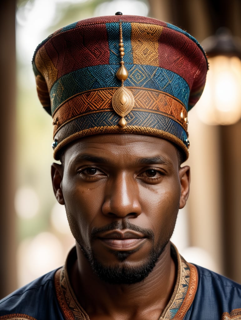 An african man wearing a fez hat made from hand-woven African patterns