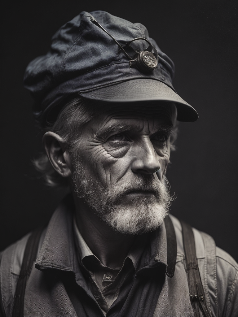 Portrait an old coal miner in 19th century, pen and ink, intricate line drawings