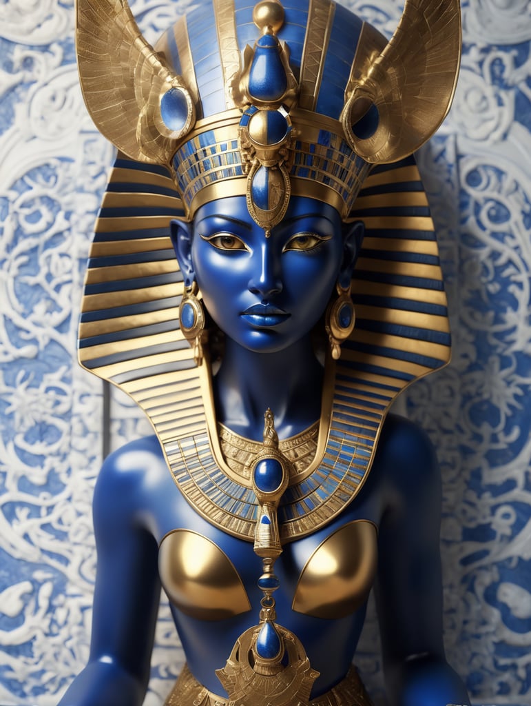 mythology goddess creature with Tutankhamen mask made of azulejo’s white and blue, gothic, gold, Neoclassical, elegant, beauty, antique classical, masterpiece, Canon50, Beautiful Lighting, Sad, highly detailed, detailed facial features, unreal engine, Octane Render, very detailed eyes, symmetrical eyes, mythology, hd, 3d, hq,