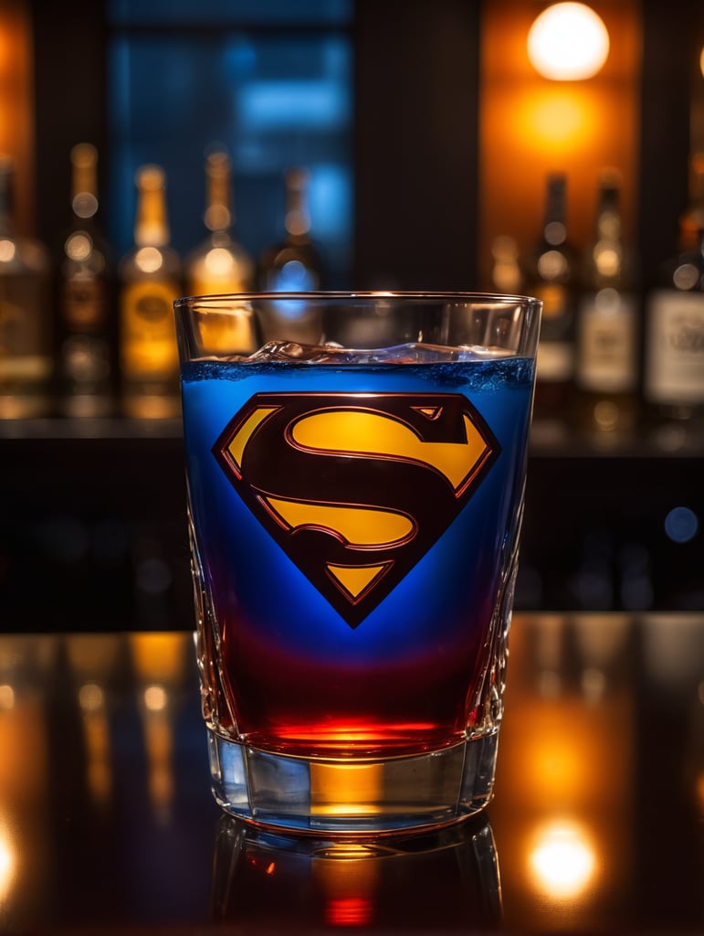 colors of superman, put the logo in glass, Drink Snifter Glass in a darkness bar, cinematic lighting, product shot, 4:3, 4k