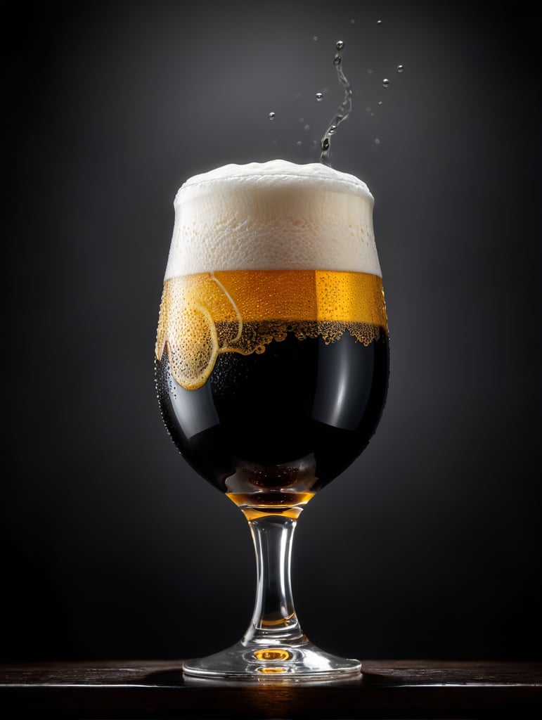 professional photo of a black beer glass, Beer foam coming out of a glass, isolated, black background