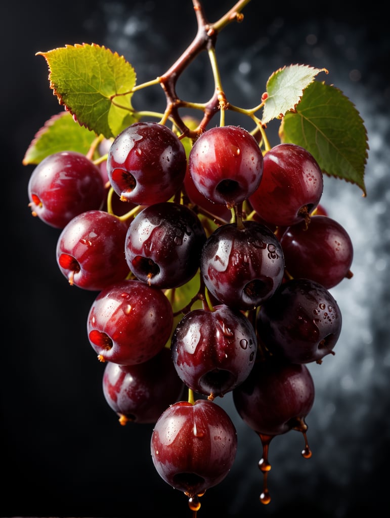 hanging bunch of red grapes half covered in melted chocolate. black background, dramatic lighting