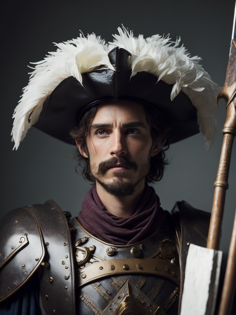 High resolution, high quality, high detail, soft lighting, cinematic lighting, realistic, DSLR, bokeh, studio quality, film grain, panorama, film grab of a young landsknecht wearing a large hat with colorful feather plumes, plate armor, black shirt, moustache, holding a very long sword, standing, simple background, 80s fantasy movie